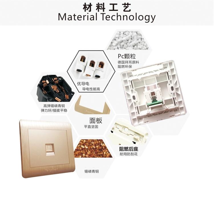 
                                        藤本86型墙壁开关面板插座一位八芯电脑插座/办公用电脑插座/家用电脑插座L3香槟金拉丝系列                