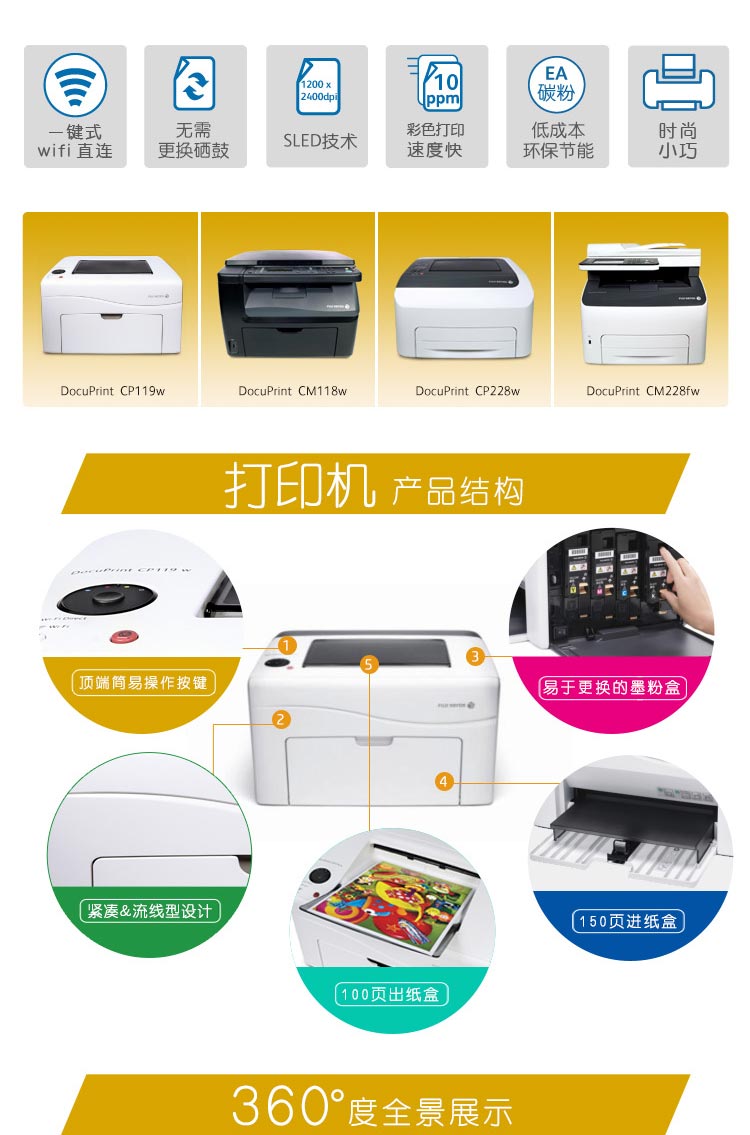 富士施乐彩色激光打印机 CP228W A4幅面(网络无线打印 ...