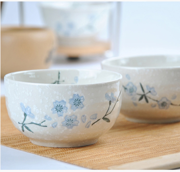 
                                        
                                                            樱之歌纯手绘雪花釉日式素瓷5英寸横纹面碗（4只）                