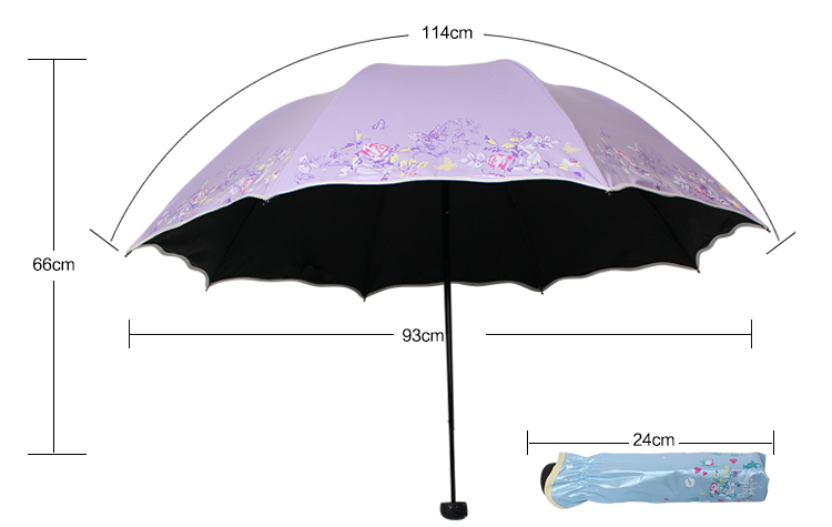 
                                        天堂伞 完美旅行丝光绒黑胶丝印三折蘑菇公主晴雨伞太阳伞 蓝色 33190E                