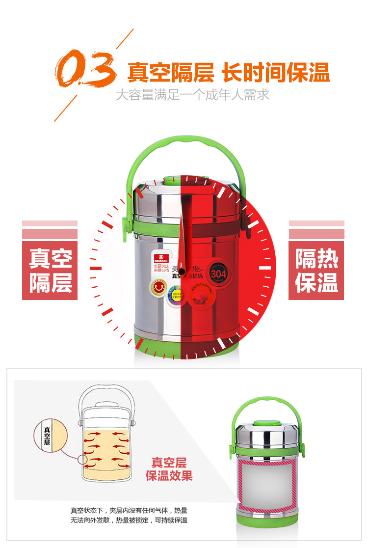 美厨（maxcook）304不锈钢真空保温提锅饭盒 1.8L宝时佳系列 MCBJ-1.8 防溢漏 长效保温