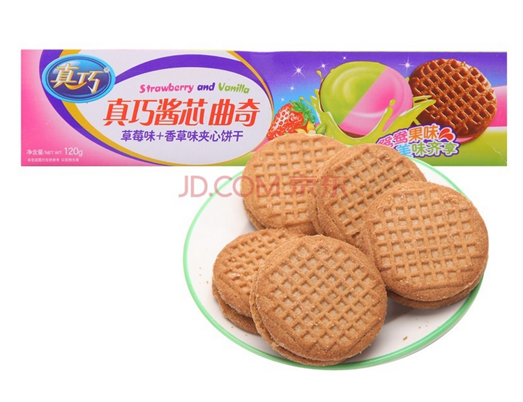 【京东超市】真巧 饼干蛋糕 酱芯曲奇夹心饼干 草莓味 香草味120g/盒