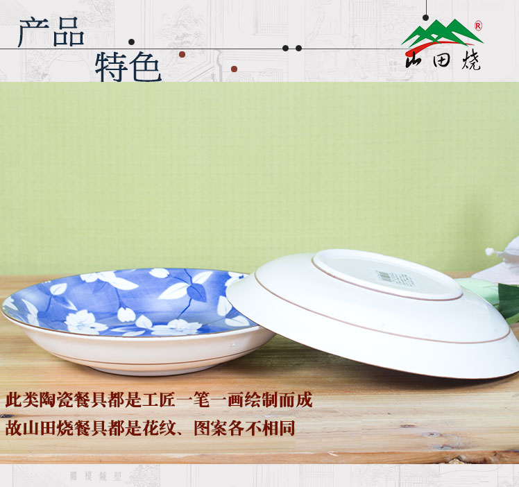 山田烧陶瓷盘子 瓷汤盘(7英寸)釉下彩日式和风深饭盘(2只装) 蓝吉祥