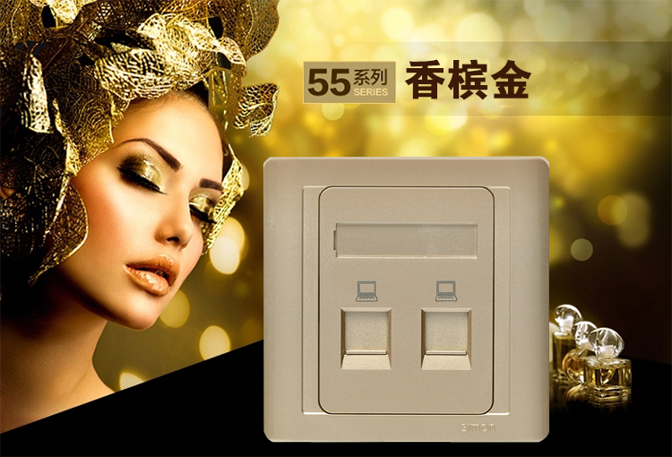 西蒙 (SIMON) 开关插座面板香槟金色 二位电脑/网线插座55系列N55228S-56