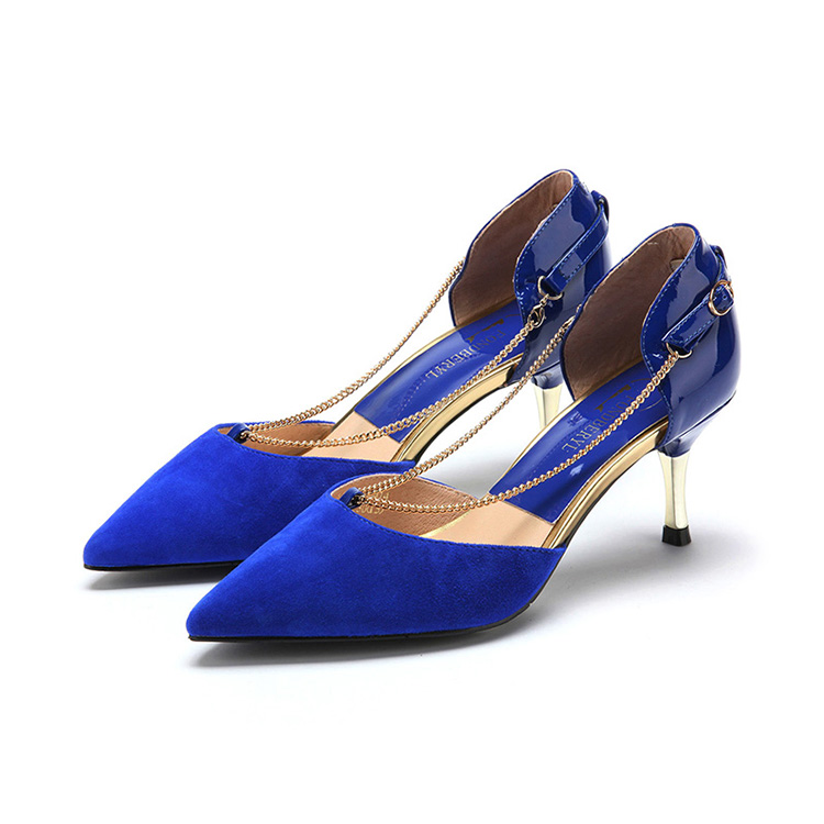 菲伯丽尔(fondberyl)蓝色绒面羊皮/蓝色漆面牛皮正装高跟尖头单鞋fb