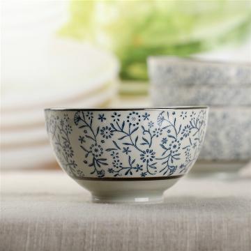 
                                        
                                        山田烧米饭碗 陶瓷碗套装(4.5英寸)釉下彩日式和风餐具(4只装) 吉祥花                