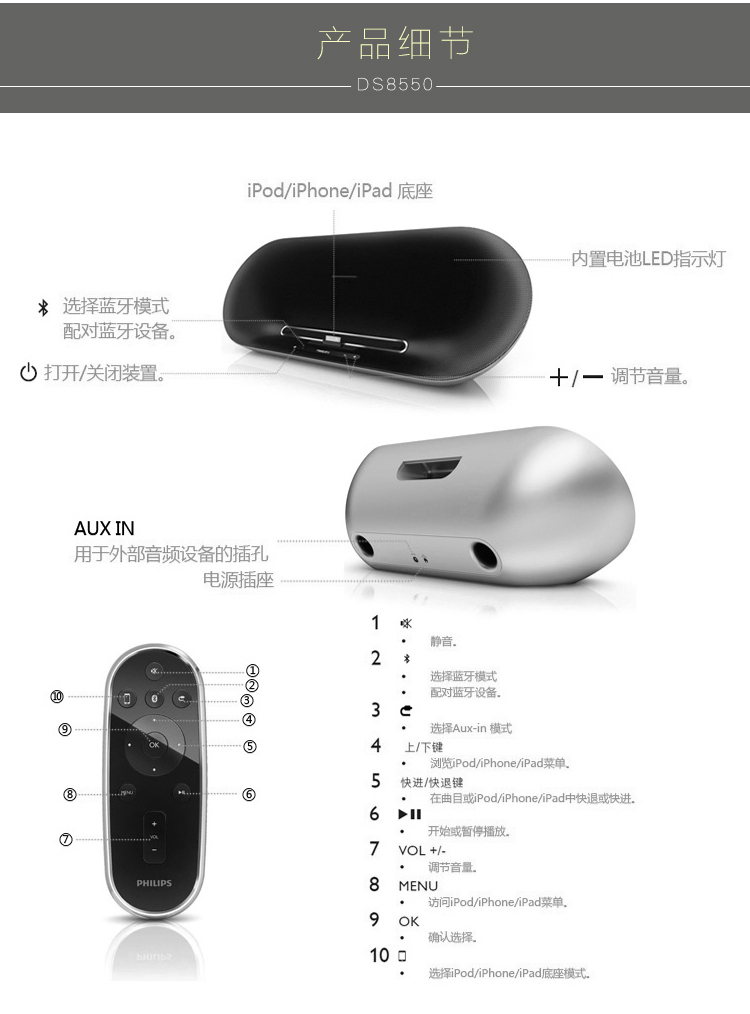 
                                        飞利浦(PHILIPS)DS8550 苹果iPhone4S/iPod//iPad充电器 音乐底座音响 迷你便携蓝牙音箱                