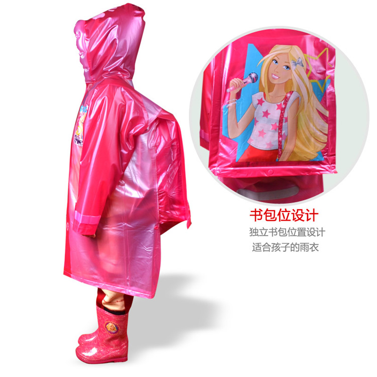 芭比（Barbie）卡通儿童雨衣 女童带书包位反光条宝宝雨衣 BY-002枚红色 L 充气帽檐/书包位设计