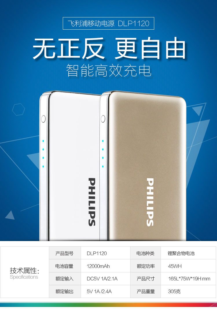 飞利浦 12000毫安 移动电源/充电宝 聚合物 双USB输出 DLP1120 白色