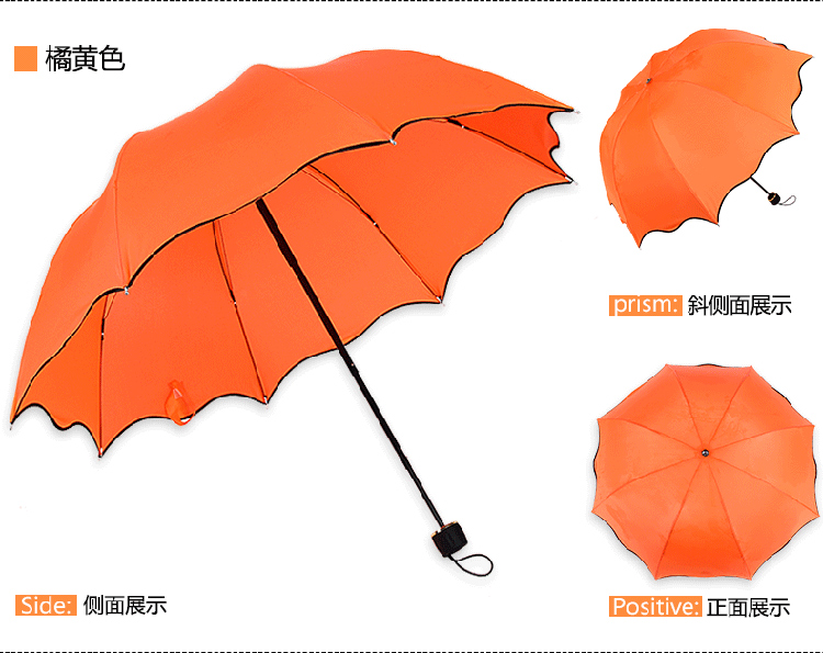 百盛洋 遇水显花折叠时尚炫色波浪边拱形公主晴雨伞 3379浅粉