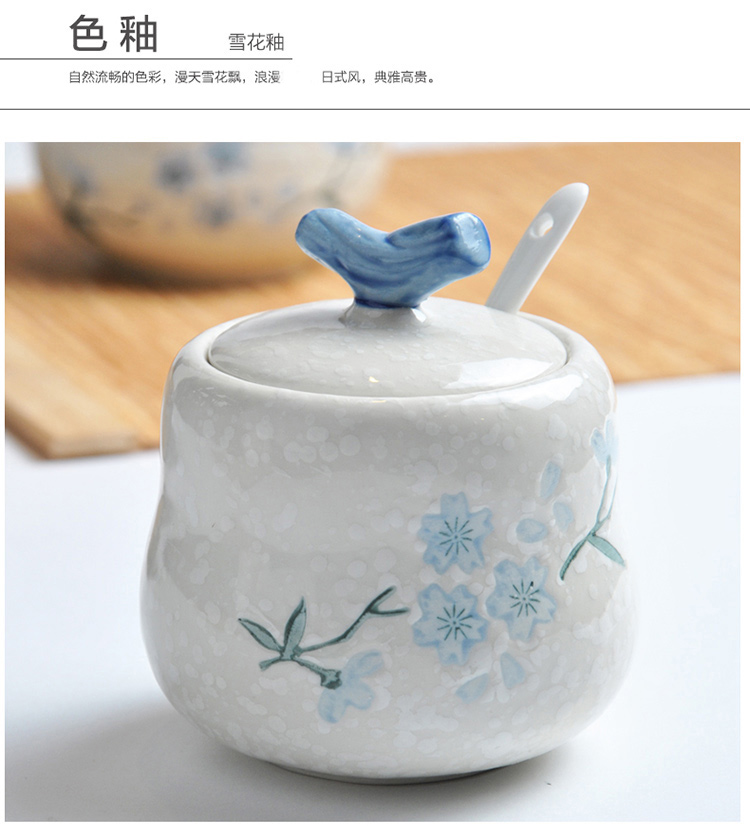 
                                        
                                                            樱之歌 纯手绘雪花釉日式素瓷调味罐3件套（含竹垫）                