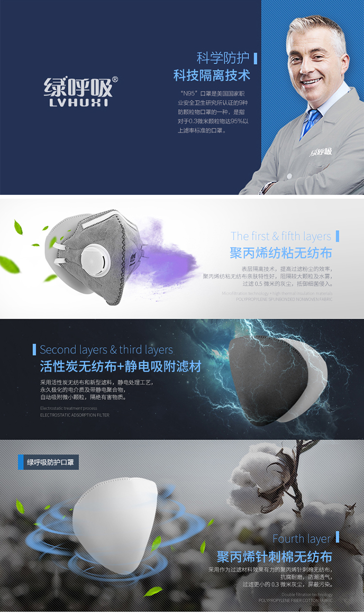 绿之源 绿呼吸N95折叠型口罩防颗粒物呼吸器 有呼气阀 灰色10只/盒
