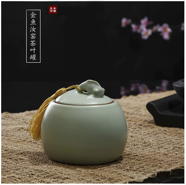 
                                        
                                                                                金镶玉 茶具配件 年年有余茶叶罐 汝瓷花茶罐茶具原矿仿宋汝窑密封储藏罐                