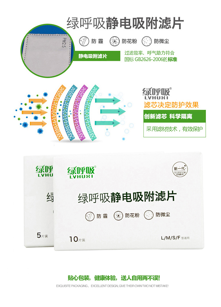 绿之源 绿呼吸口罩静电吸附滤片 防尘防霾防细微颗粒（10片装）