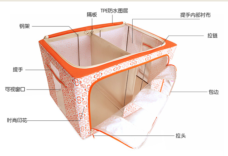 
                                        百草园 牛津布三面可视带隔断收纳箱 衣服杂物整理箱储物箱84L 1个装 桔黄色                