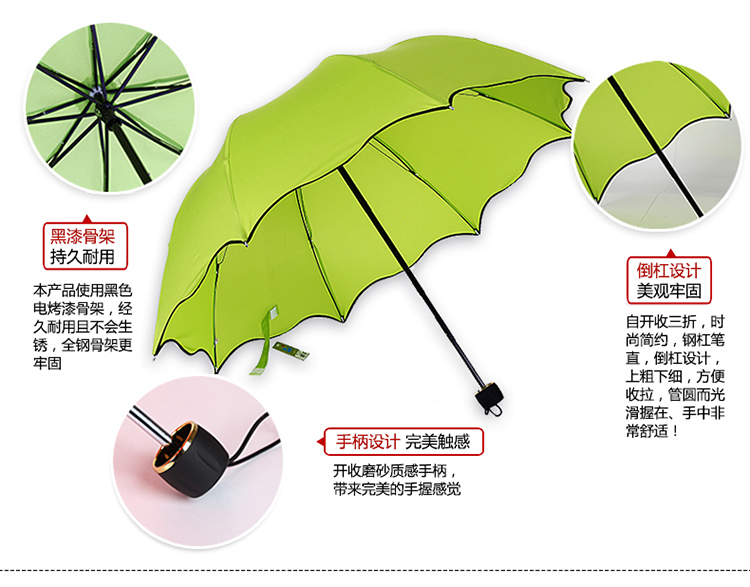百盛洋 遇水显花折叠时尚炫色波浪边拱形公主晴雨伞 3379浅粉