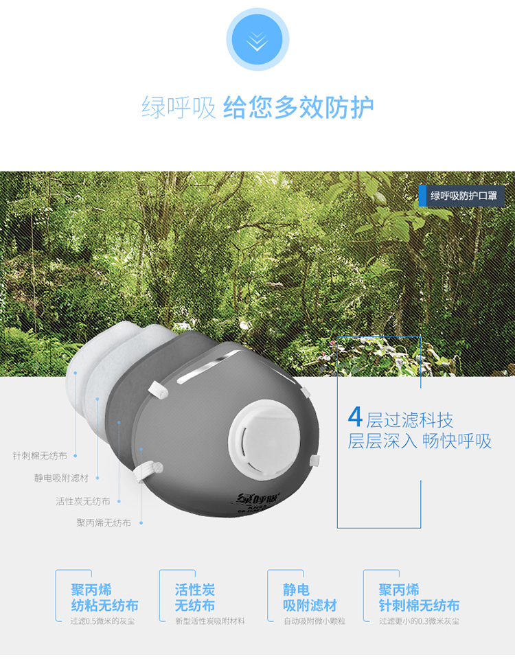 绿之源 绿呼吸N95吸杯型口罩防颗粒物呼吸器 有呼气阀 灰色5只/盒