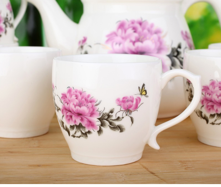 
                                        
                                                            洁雅杰茶具套装整套茶具陶瓷7件套(1茶壶+6茶杯)大容量礼盒装茶具套装 牡丹                