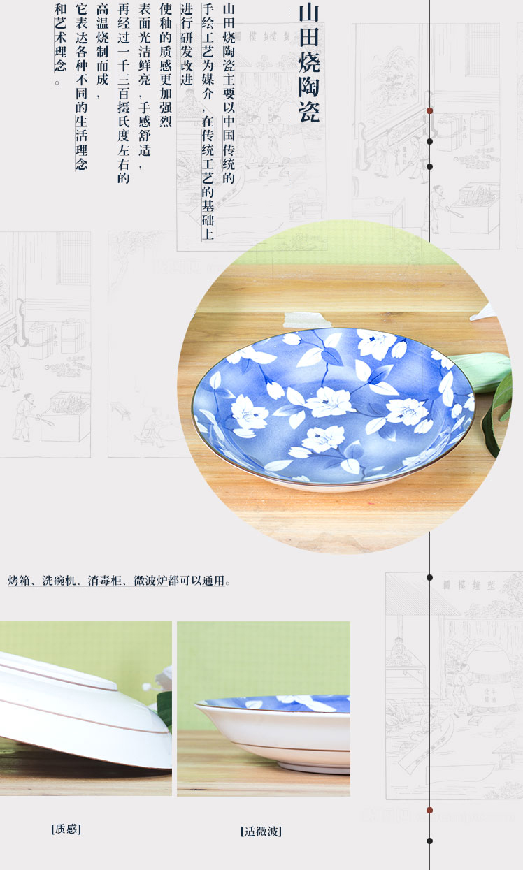 山田烧陶瓷盘子 瓷汤盘(7英寸)釉下彩日式和风深饭盘(2只装) 蓝吉祥