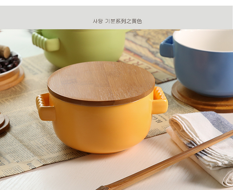 
                                        乐享 日式创意颜色釉泡面碗双耳带盖汤碗方便面杯大号带盖 黄色                