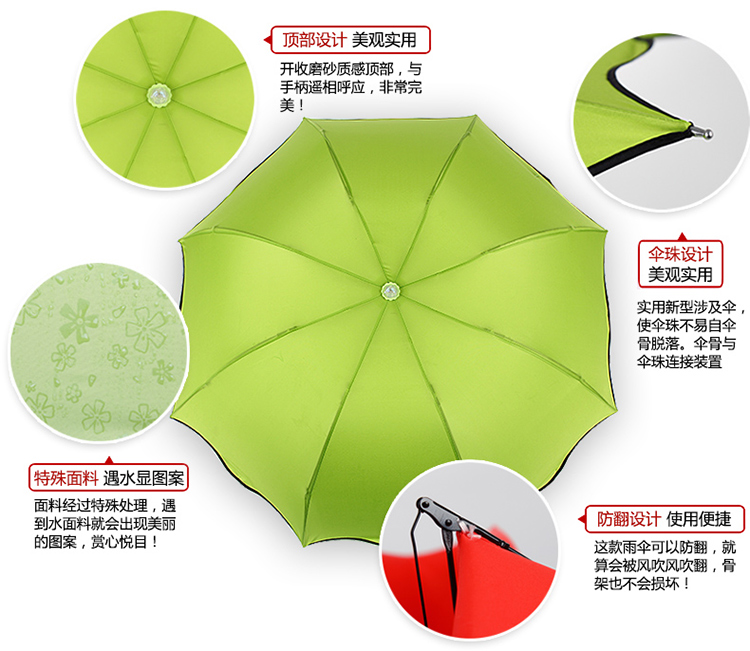 百盛洋 遇水显花折叠时尚炫色波浪边拱形公主晴雨伞 3379浅粉
