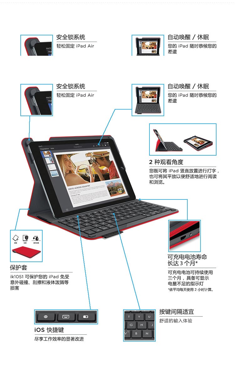 罗技（Logitech）iK1051 带集成键盘的保护套 红色(适用于iPad  air2)