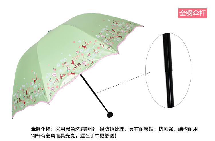 
                                        天堂伞 完美旅行丝光绒黑胶丝印三折蘑菇公主晴雨伞太阳伞 蓝色 33190E                
