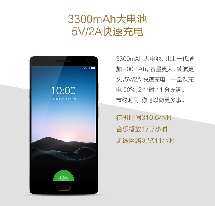 
                                        【联通赠费版】一加手机2 (A2001) 砂岩黑版 64GB 移动联通4G手机 双卡双待                