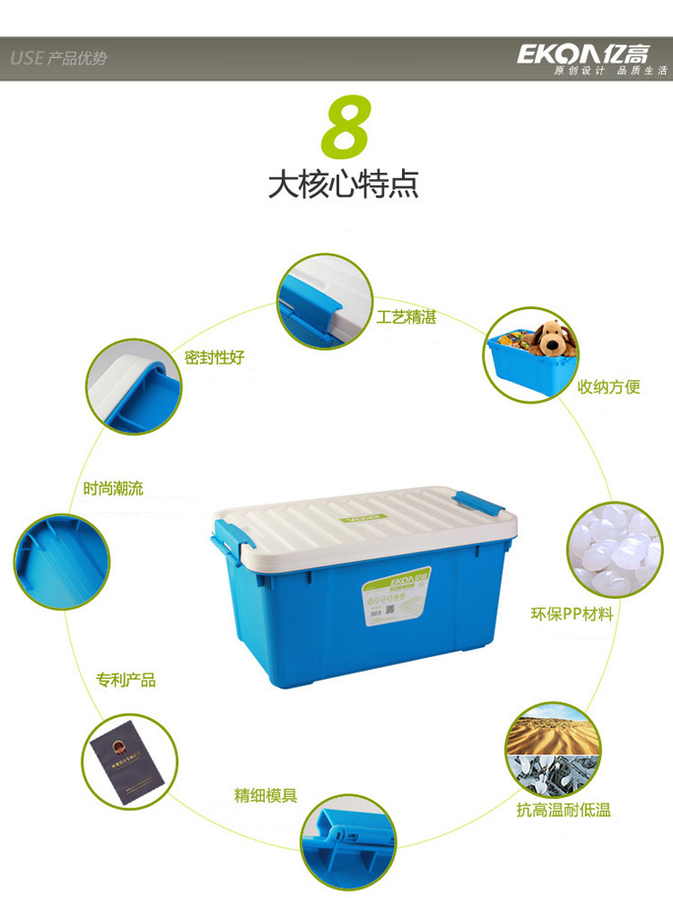 
                                        
                                        亿高EKOA塑料收纳箱衣物储物箱玩具整理箱特惠 蓝白50升                