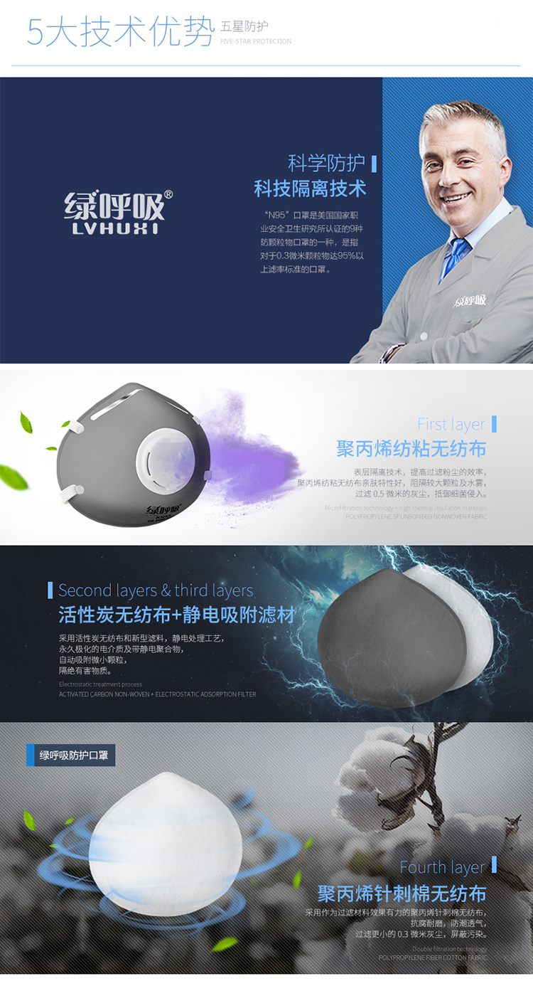 绿之源 绿呼吸N95吸杯型口罩防颗粒物呼吸器 有呼气阀 灰色5只/盒