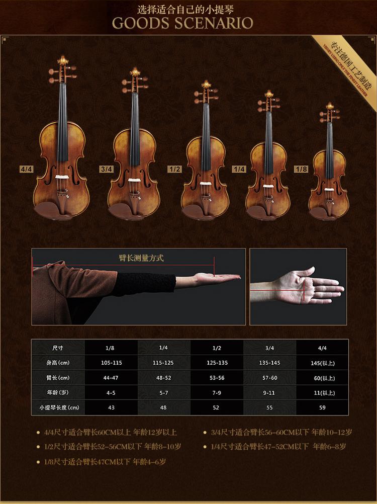 小提琴年龄尺寸对照表:  小提琴尺寸从大到小分为4/4,3/4,1/2,1/41