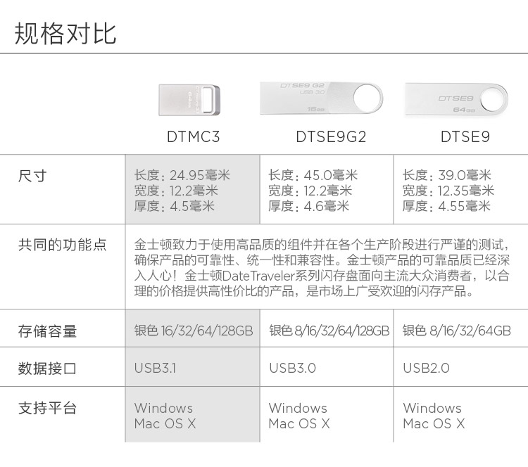 金士顿（Kingston）DTMC3 USB3.1 读速100MB/s 金属U盘 银色 便携环扣