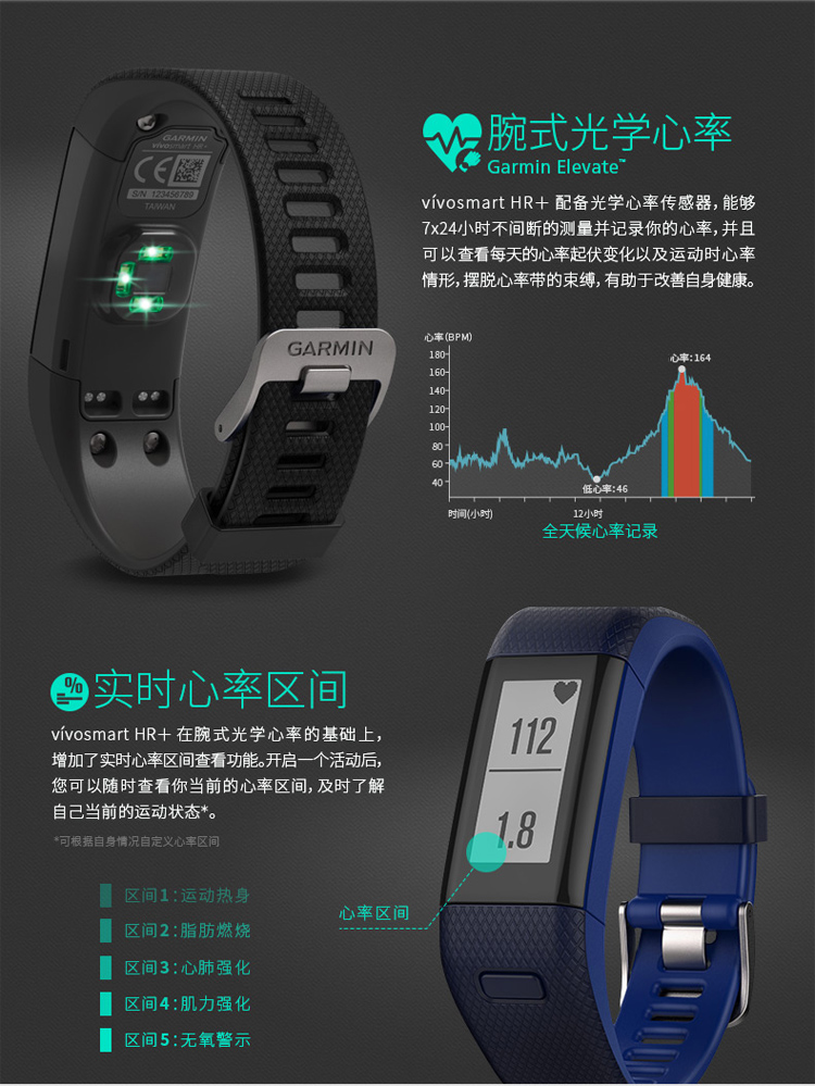 佳明(garmin)vivosmart hr  黑色gps智能手环心率实时