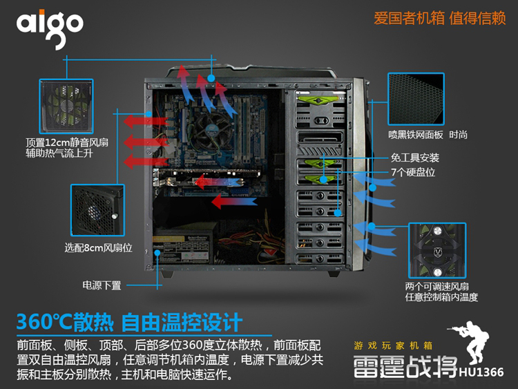 爱国者(aigo)雷霆战将hu-1366 中塔游戏机箱 黑色(usb3.