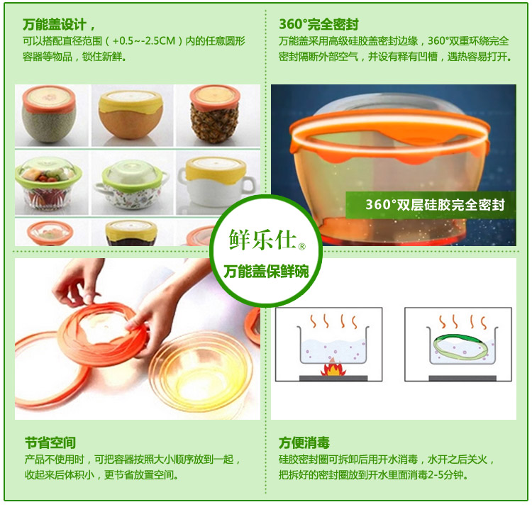 鲜乐仕sunrise 真空密封硅胶万能盖保鲜盒5件套冰箱整理盒MKS10