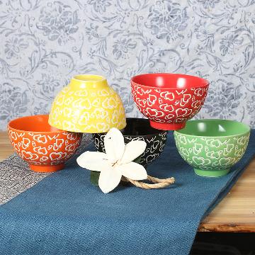 山田烧陶瓷碗套装 色釉(4.5英寸)米饭碗中式五色碗餐具套装(5只装) 004