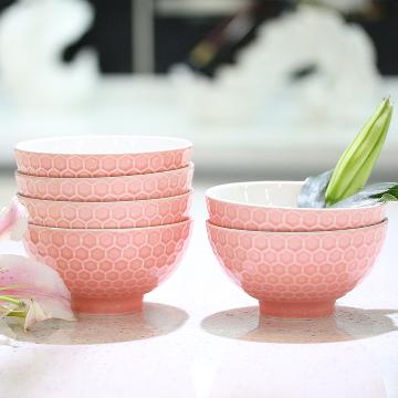 洁雅杰陶瓷碗套装 色釉(4.5英寸)高脚碗易清洁米饭碗(6只装) 粉色