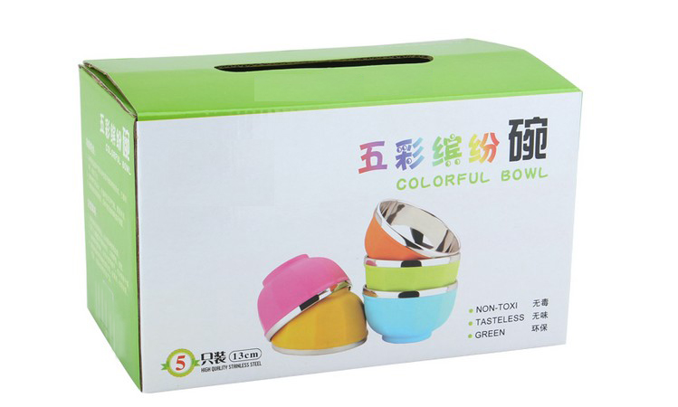 
                                        【京东超市】阳光飞歌 彩色不锈钢碗 炫彩双层隔热防烫儿童碗5只装                