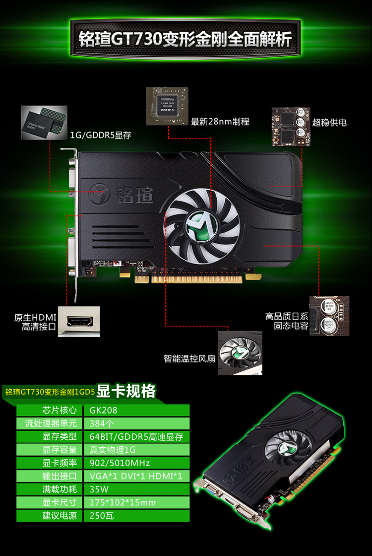 铭瑄(maxsun)gt730变形金刚1g 902/5010mhz 物理1g/64bit ddr5显卡