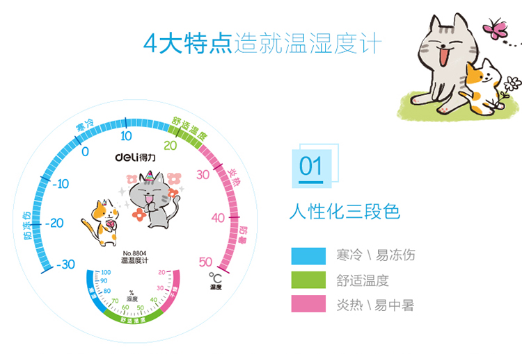 得力(deli)台挂两用卡通温度计 室内家用儿童温湿度计 红色