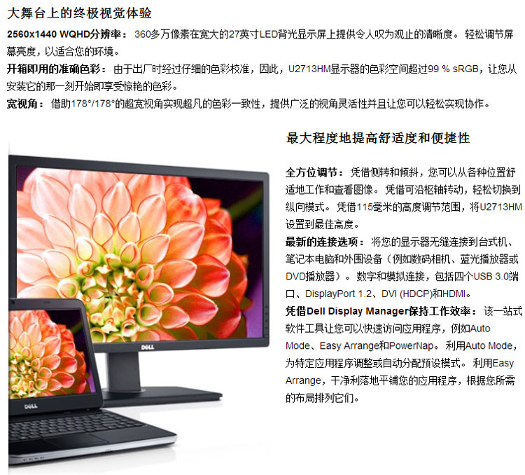 戴尔（DELL）UltraSharp U2713HM 27英寸宽屏高分辨率LED背光IPS液晶显示器