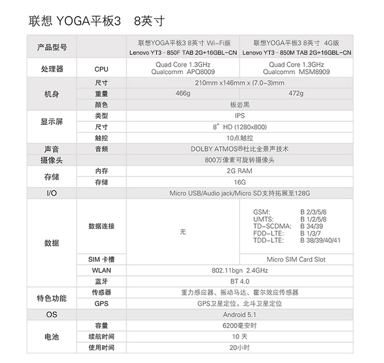 联想yoga平板3代 8英寸 通话平板电脑 (高通cpu 2g/16g 移动/联通4g