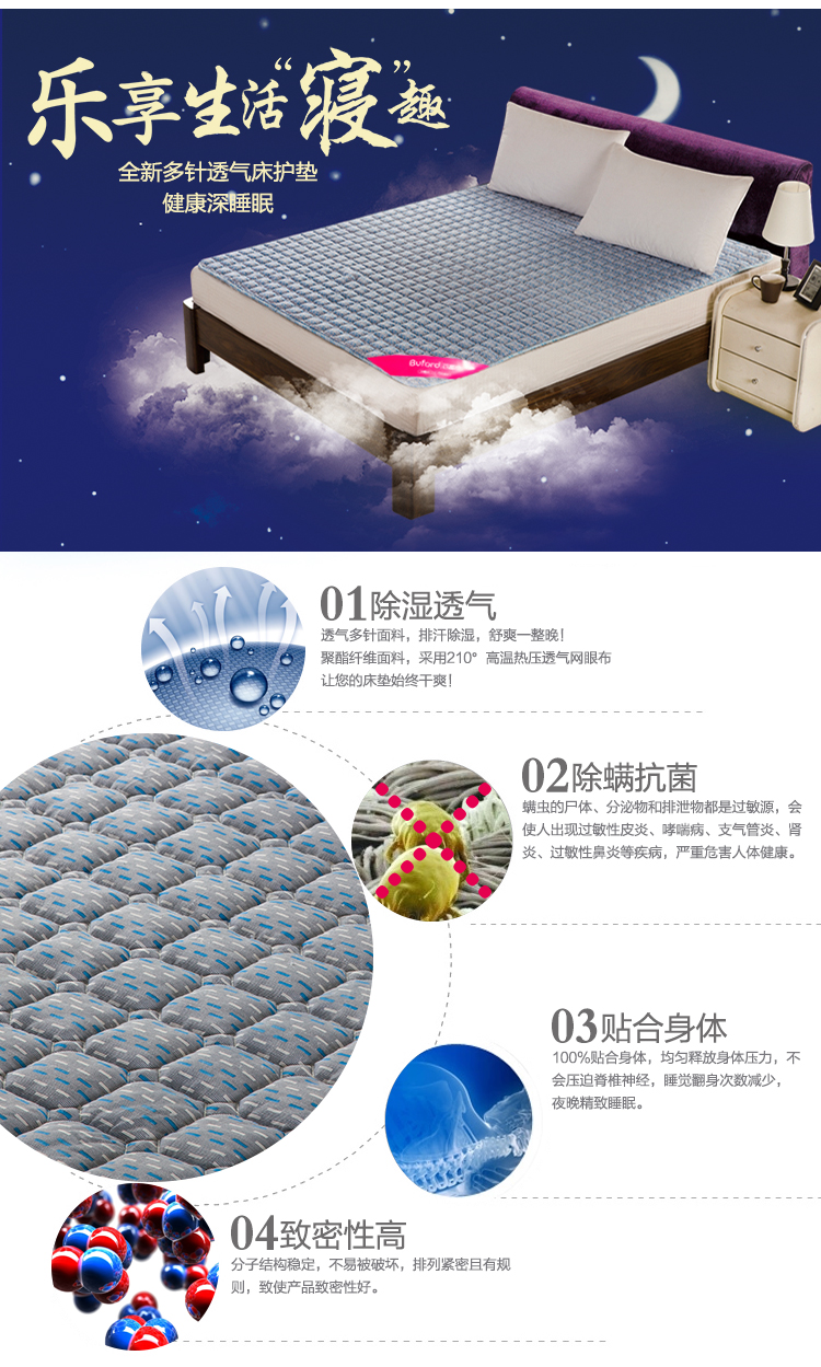 
                                        
                                                            百富帝（byford）床垫床褥 床护垫可水洗折叠透气双人四季床褥子 蓝 180*200cm                