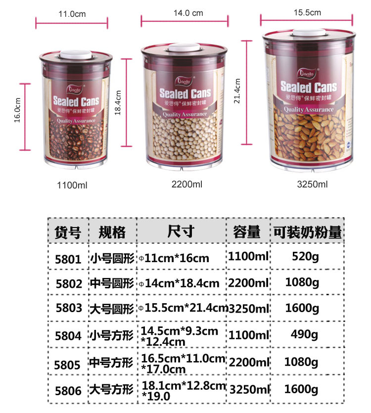 
                                        
                                        爱思得（Arsto）抽真空密封罐套装保鲜密封罐杂粮罐储物罐干果零食茶叶奶粉密封罐储存罐六件套5306A6                