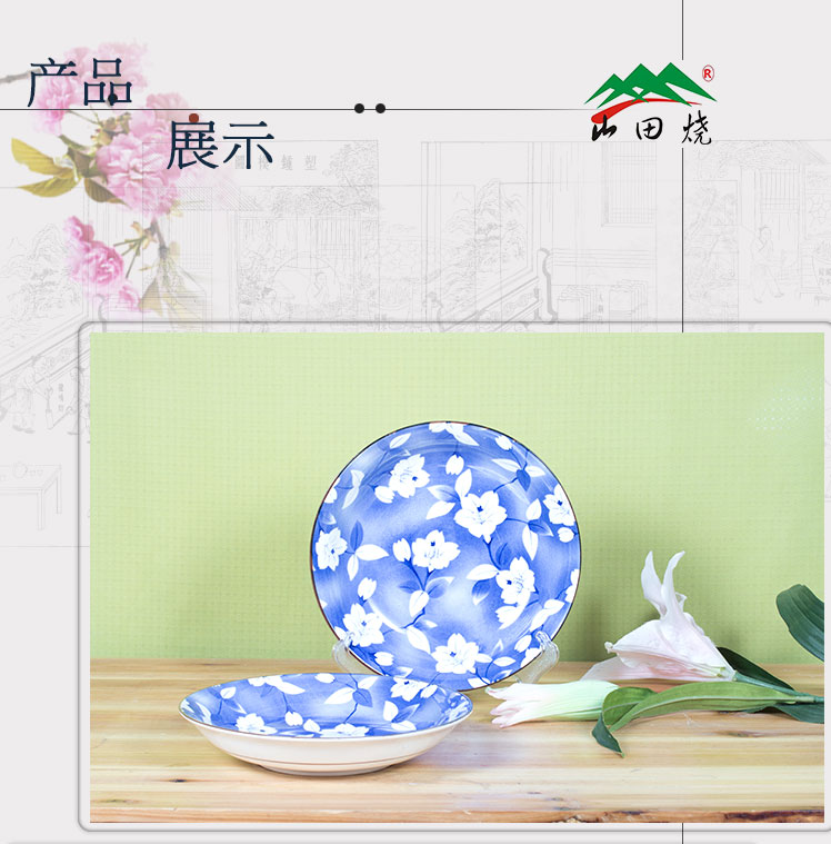 山田烧陶瓷盘子 瓷汤盘(7英寸)釉下彩日式和风深饭盘(2只装) 蓝吉祥