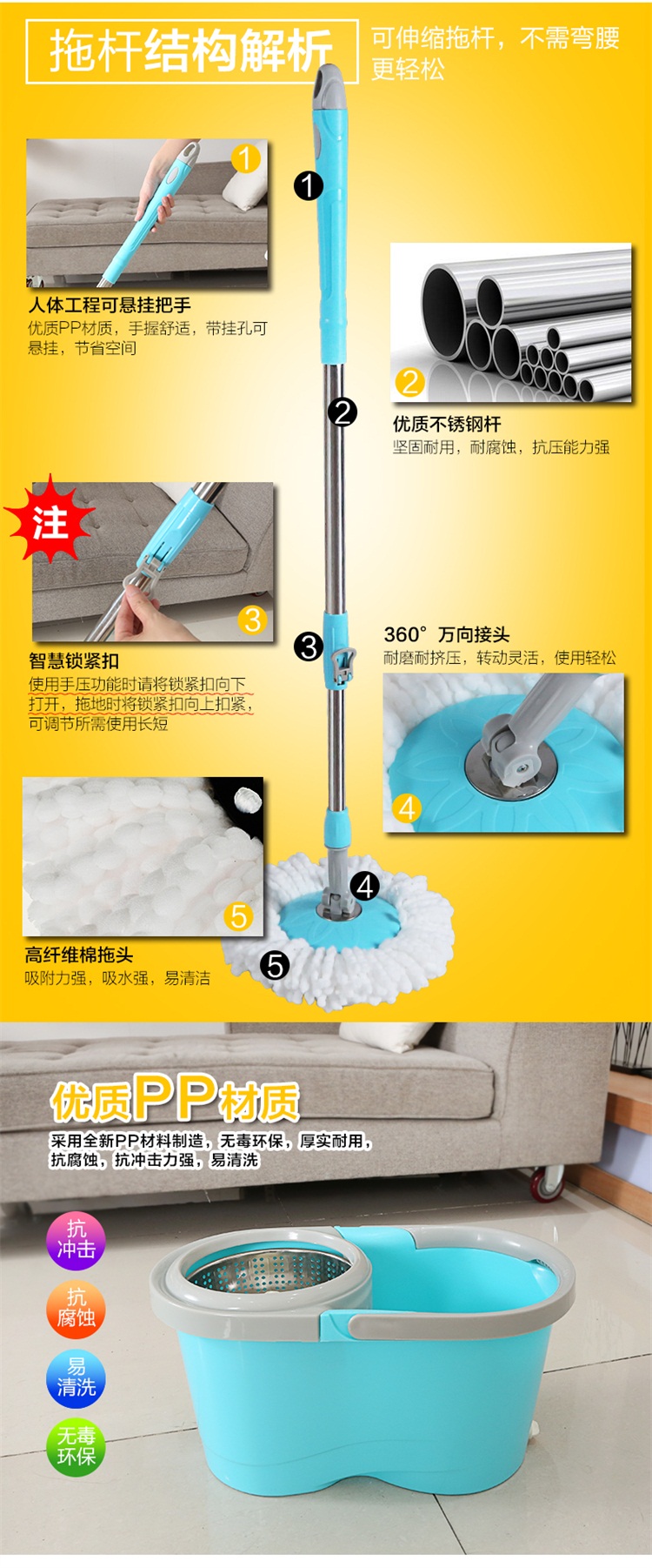 振兴 双驱旋转拖把桶套装 手压式旋转拖把 TPM1300