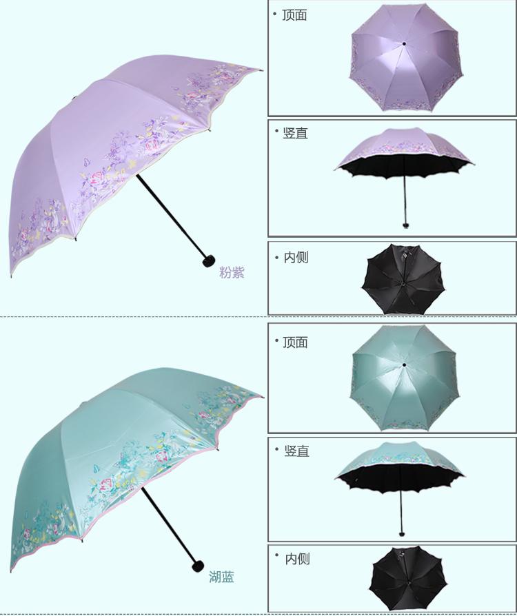 
                                        天堂伞 完美旅行丝光绒黑胶丝印三折蘑菇公主晴雨伞太阳伞 蓝色 33190E                