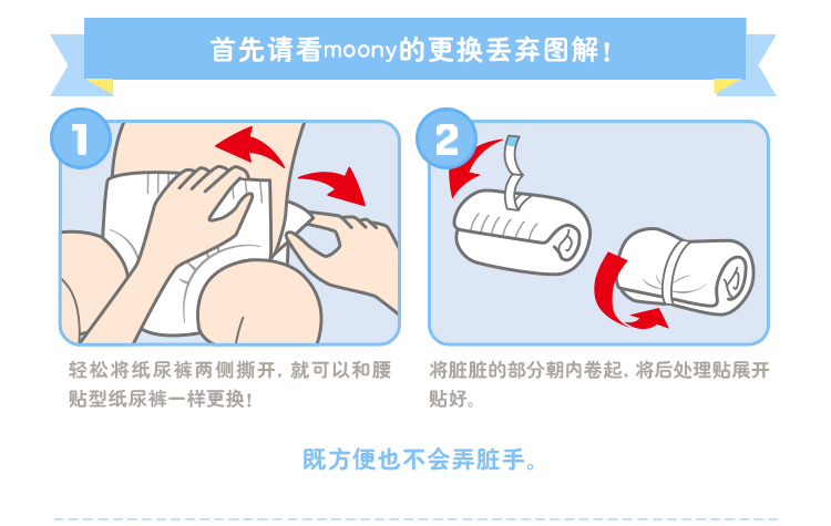 首先请看 moony的更换丢弃图解!轻松将纸尿裤两侧撕开,就可以和腰将脏脏的部分朝内卷起,将后处理贴展开贴型纸尿裤一样更换!贴好既方便也不会弄脏手-推好价 | 品质生活 精选好价