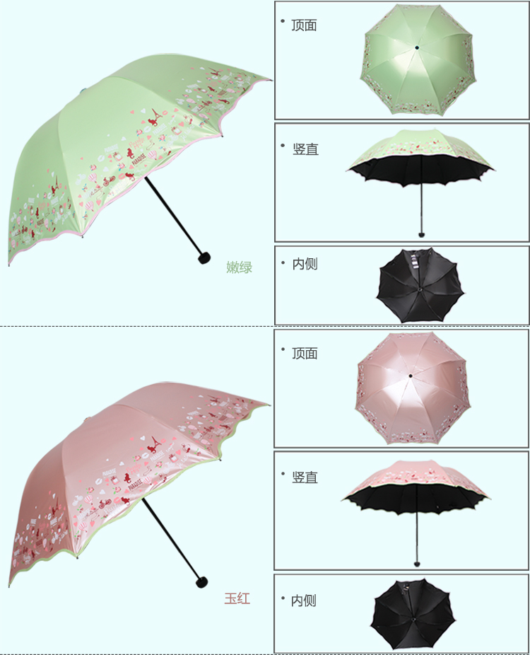 
                                        天堂伞 完美旅行丝光绒黑胶丝印三折蘑菇公主晴雨伞太阳伞 蓝色 33190E                