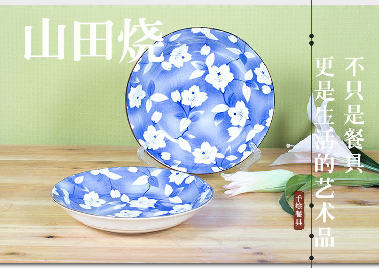 山田烧陶瓷盘子 瓷汤盘(7英寸)釉下彩日式和风深饭盘(2只装) 蓝吉祥